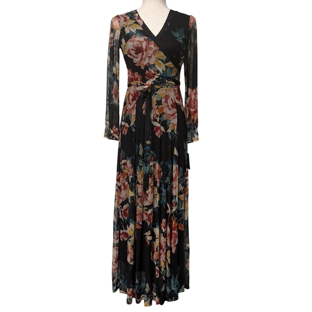 Elie & Emie Floral Sheer Mesh Long‎ Sleeve Wrap Maxi Dress 4 Stretch Romantic